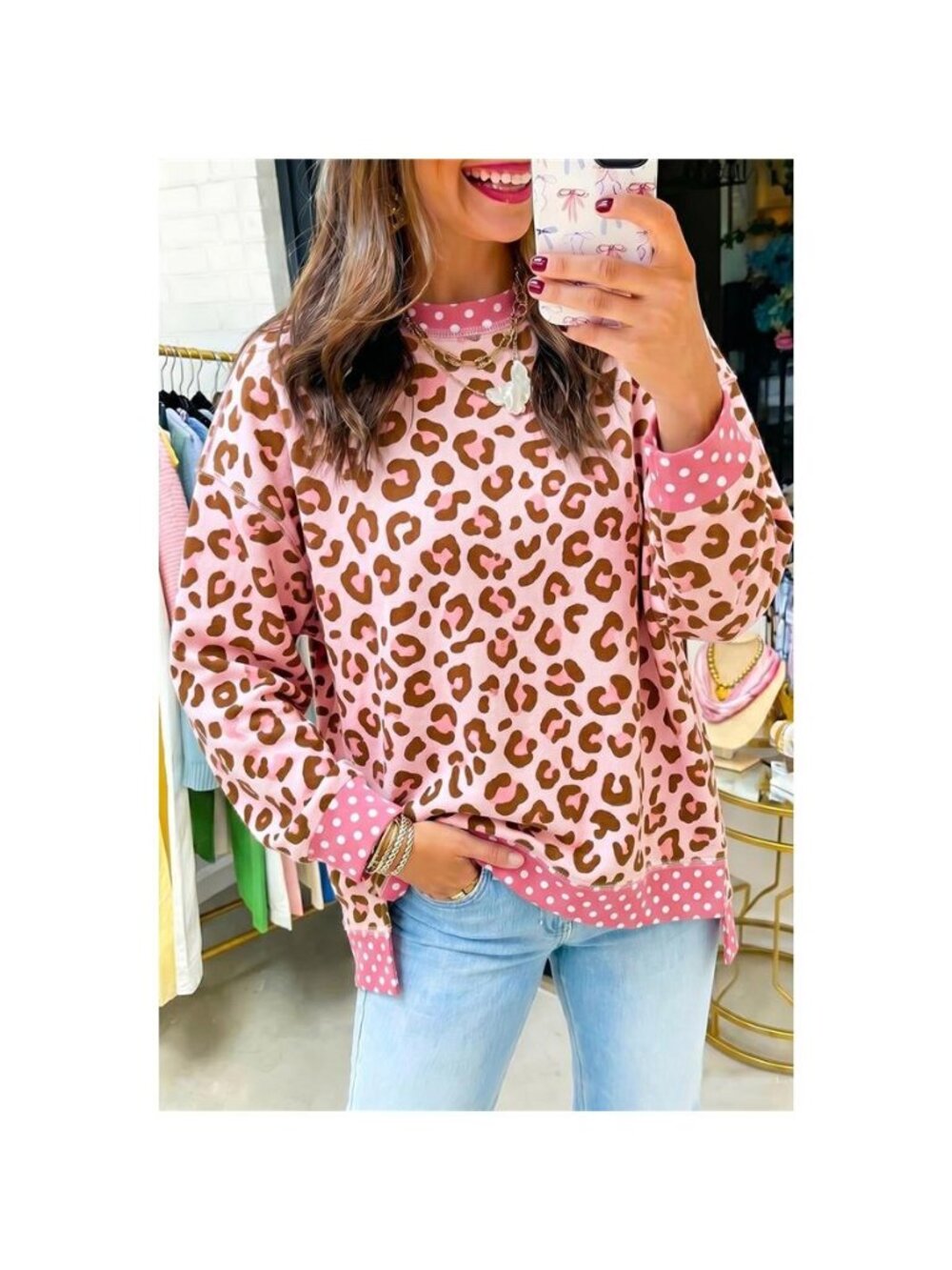 Polka Dot Contrast Trim Leopard Round Neck Sweatshirt